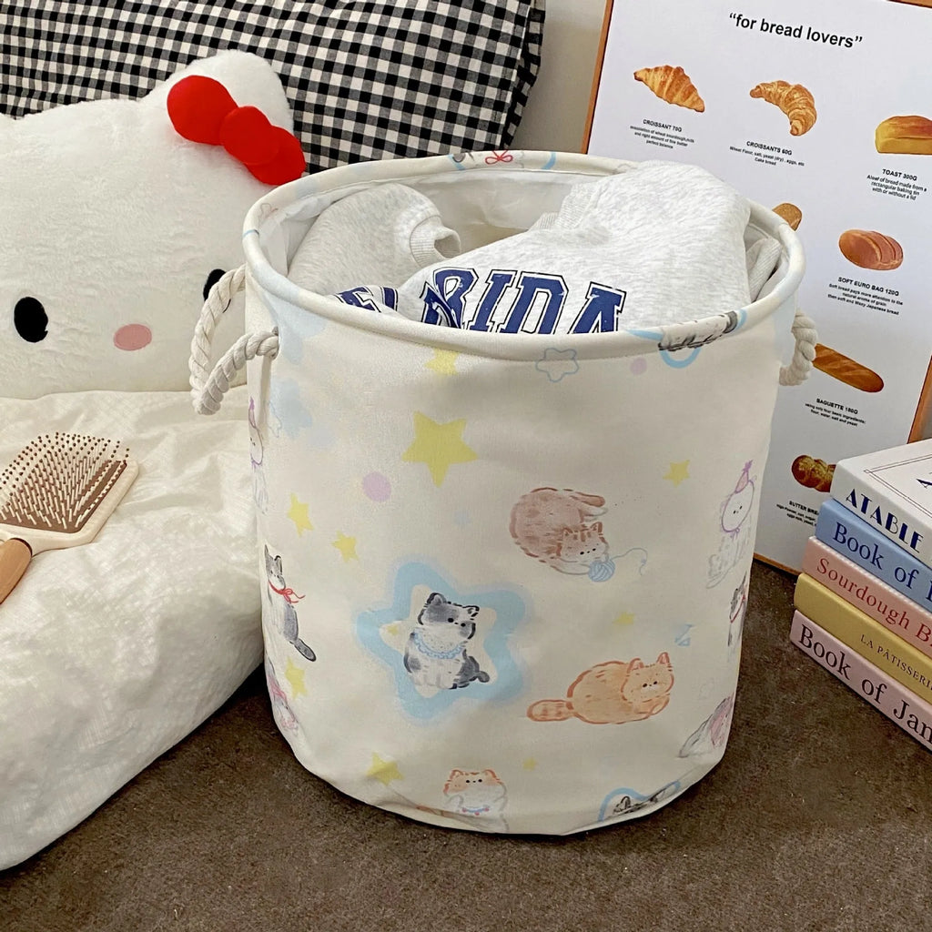 Foldable cotton laundry basket in mint green colour with bear design pattern for bedroom storage