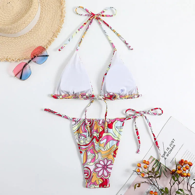 Women's triangle print halter neck bikini set with separate bandeau top in multicolour geometric design