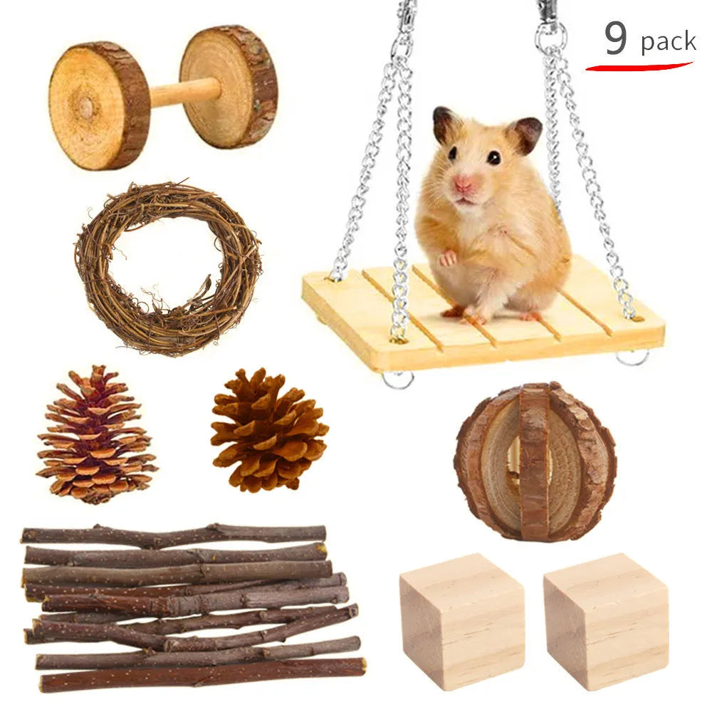 Assortment of wooden and natural fibre chewing toys for pet rabbits, guinea pigs, and parrots on a straw mat