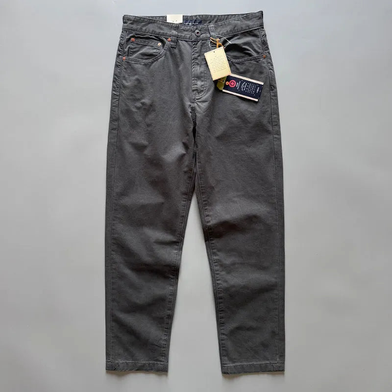 Men's straight fit cotton casual trousers in American retro style showing grey, army green, and khaki colour options