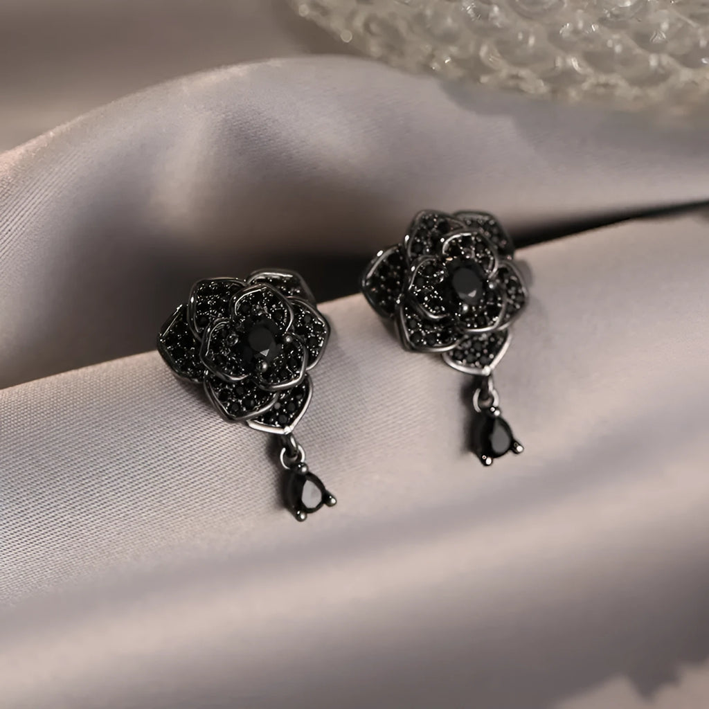 Black rose floral stud earrings with zircon accents on 18K electroplated copper