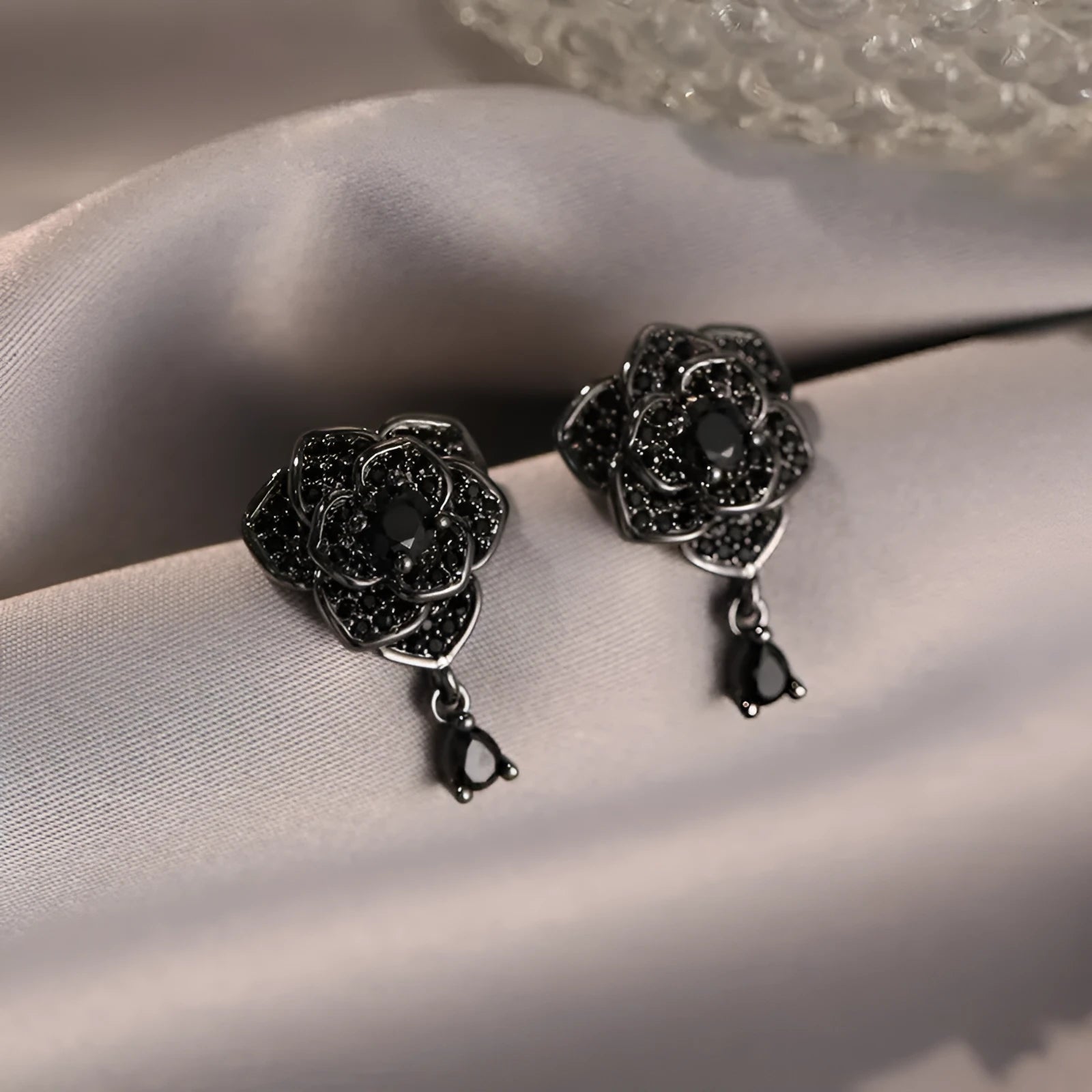 Black rose floral stud earrings with zircon accents on 18K electroplated copper