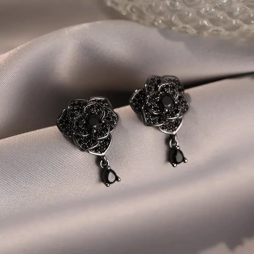 Black rose floral stud earrings with zircon accents on 18K electroplated copper