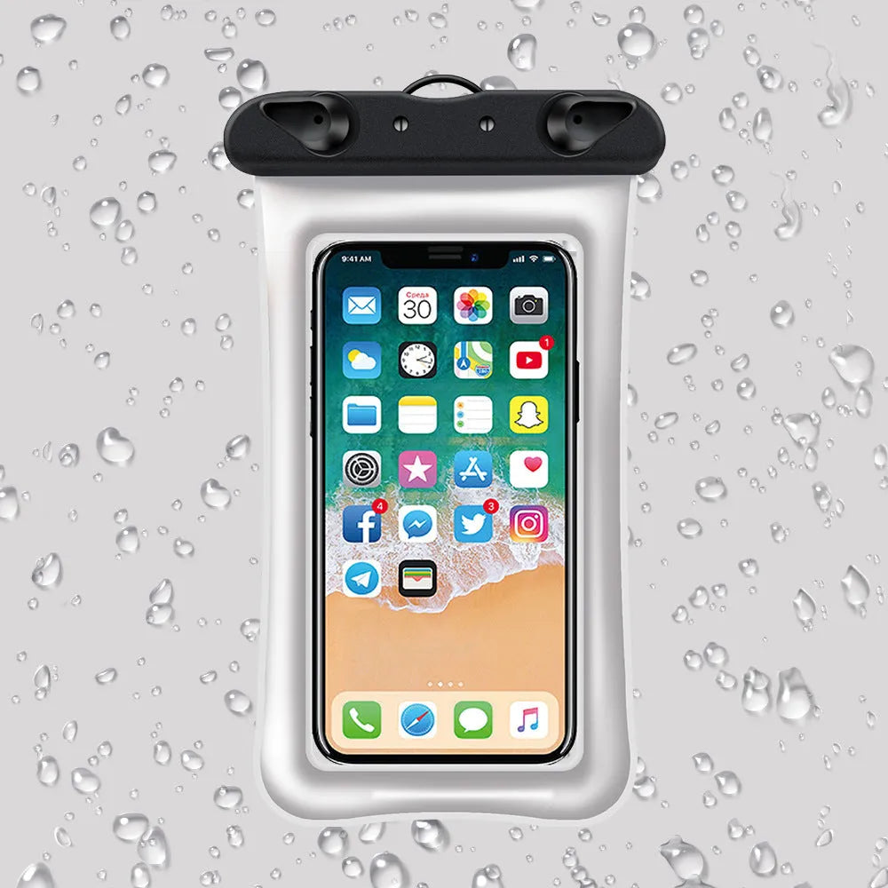 Orange waterproof phone pouch with double airbag design and a black lanyard.