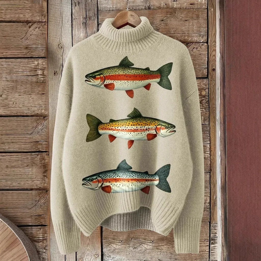 Women's Christmas printed turtleneck sweater with painting pattern in macaron colours, loose casual style