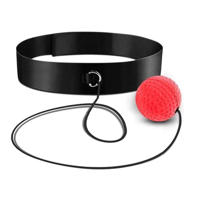 Head-mounted boxing reaction training ball with knitted and rubber adjustable headbands, shown with red, green, and yellow PU balls.