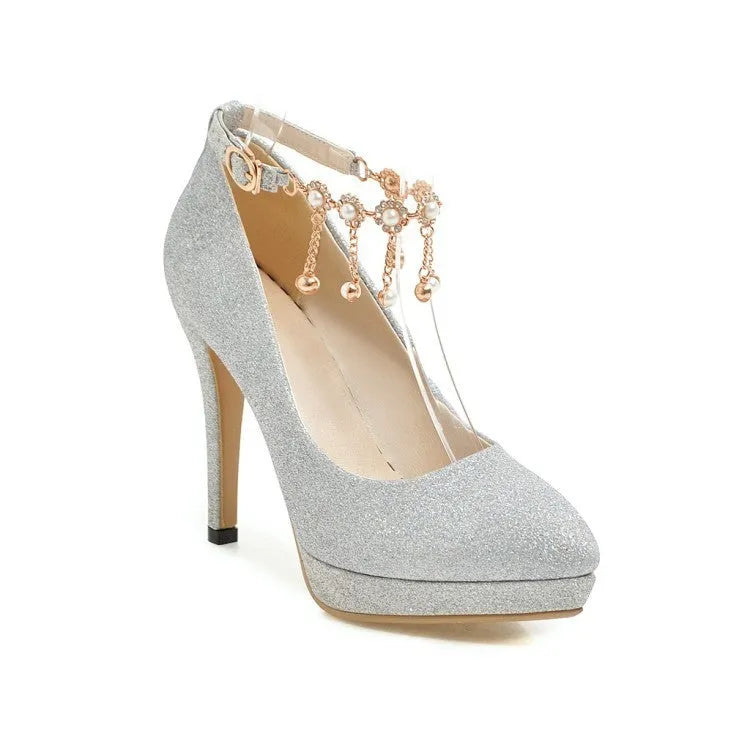 Women's blue platform stiletto high heels with a shallow cut, shown from the side.
