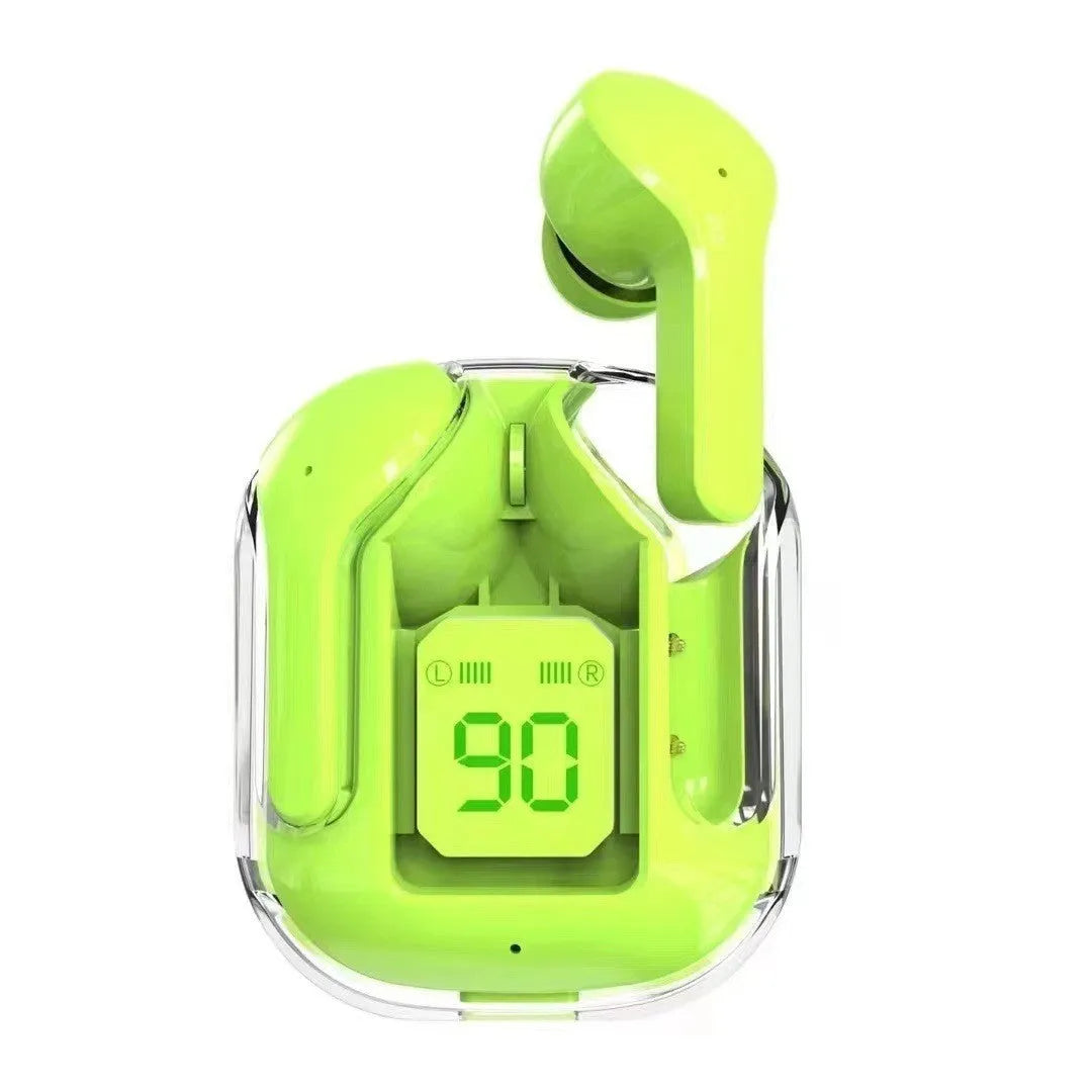 Transparent space capsule shaped case containing true wireless Bluetooth earphones in light blue colour.