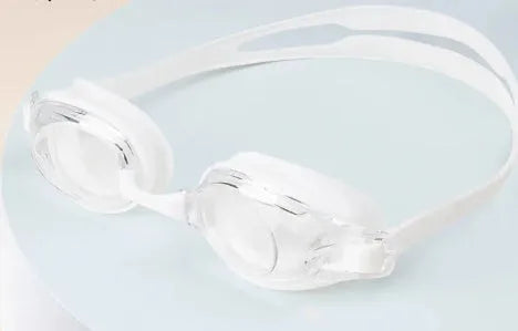 Black frame prescription swimming goggles for myopia with anti-fog lenses and a storage case.