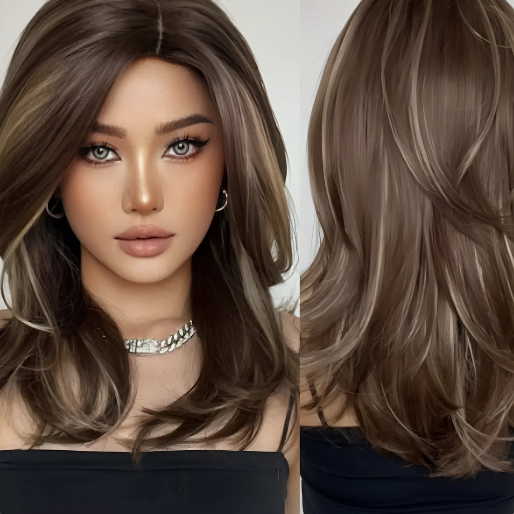 Mid-length platinum gradient colour wig with long curly hairstyle and bangs