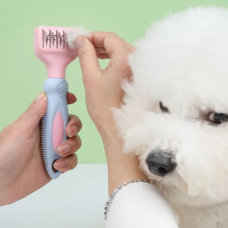 170mm stainless steel pet grooming comb in pink colour with detangling blades
