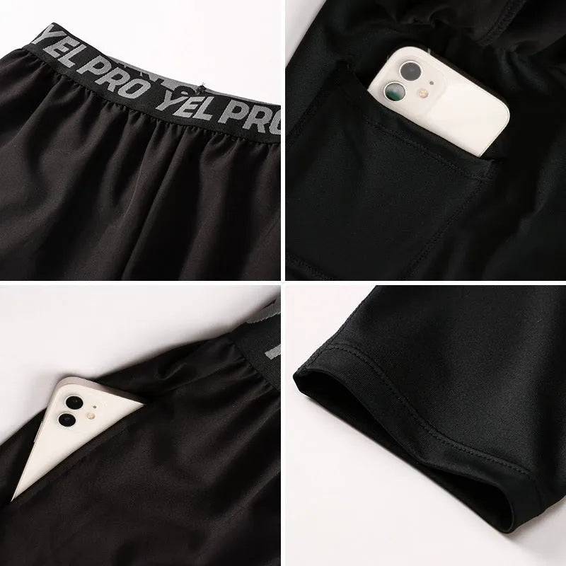 Man wearing grey elastic quick-drying sports trousers for fitness exercise.