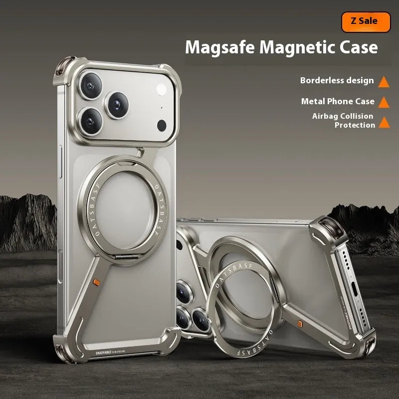 Black metal magnetic phone case for iPhone 17 Pro Max showing magnetic bracket area