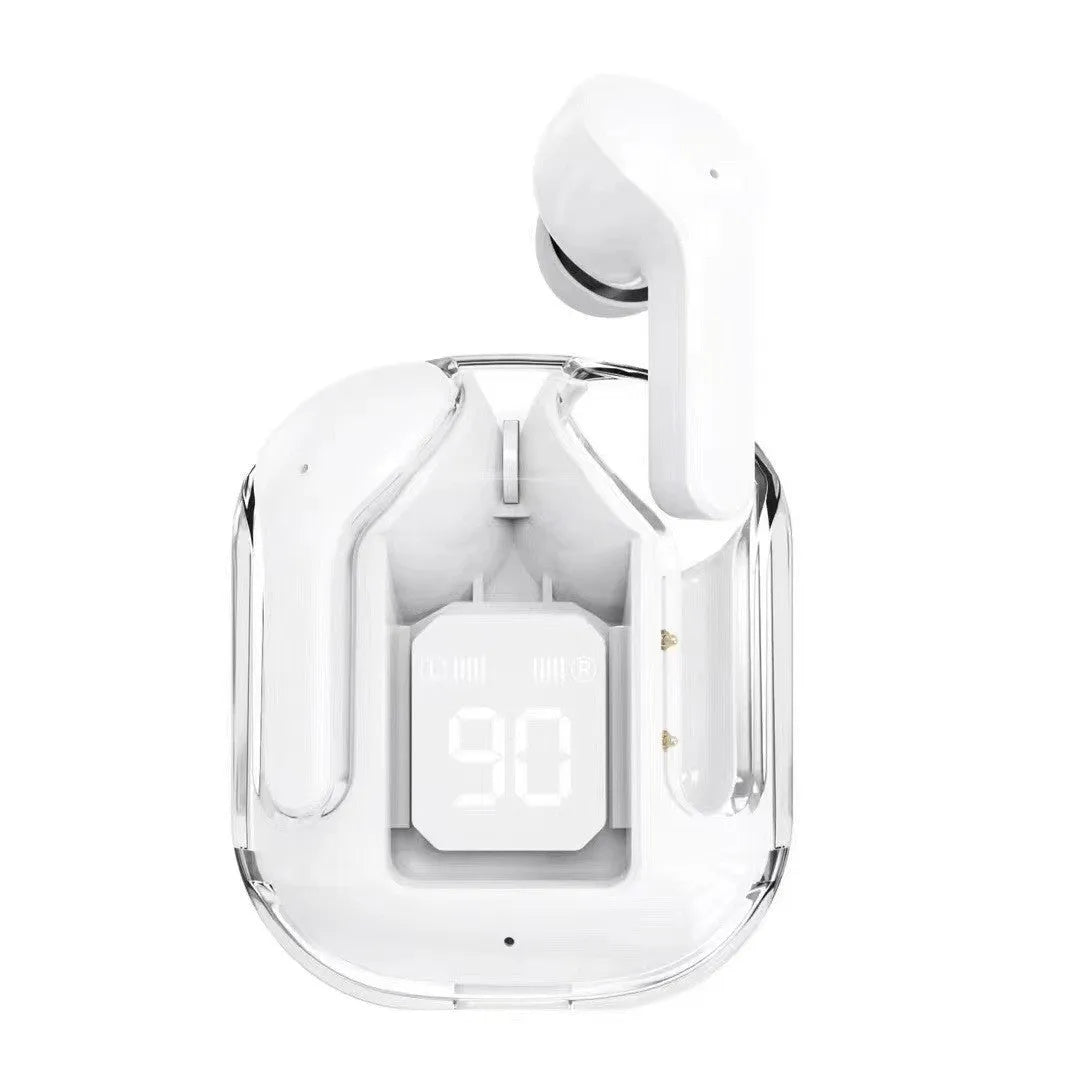 Transparent space capsule shaped case containing true wireless Bluetooth earphones in light blue colour.