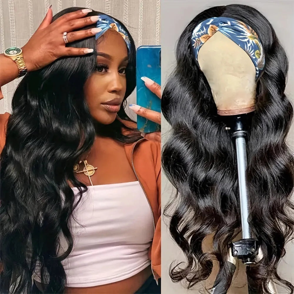 Headband wig in high temperature fibre hair showing black straight, black curly and wine red colour options