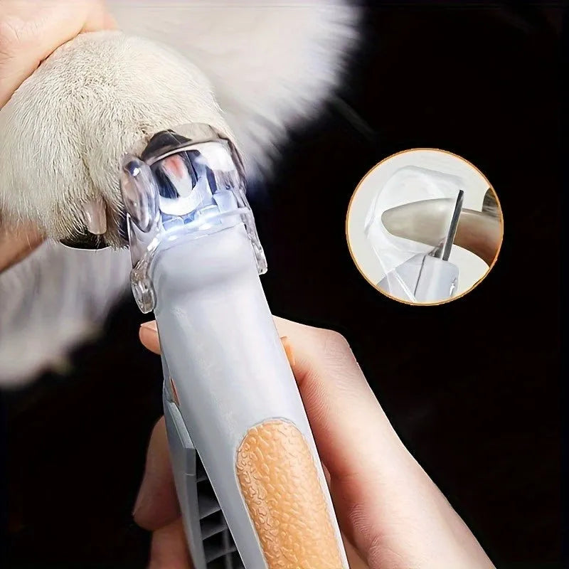 Yellow handheld LED pet nail trimmer with magnifying glass and steel blades for cats and dogs