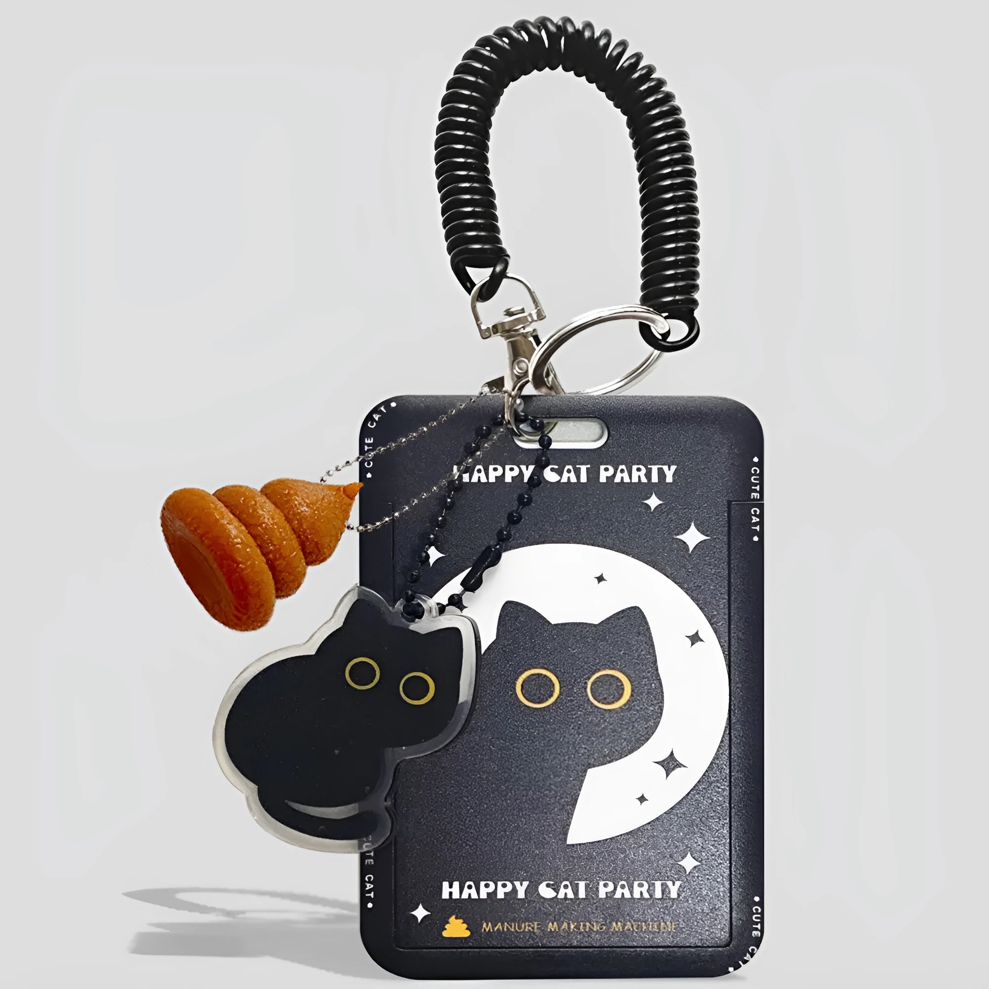 Cartoon little black cat design plastic card holder with ferrule pendant for student ID and transport cards.