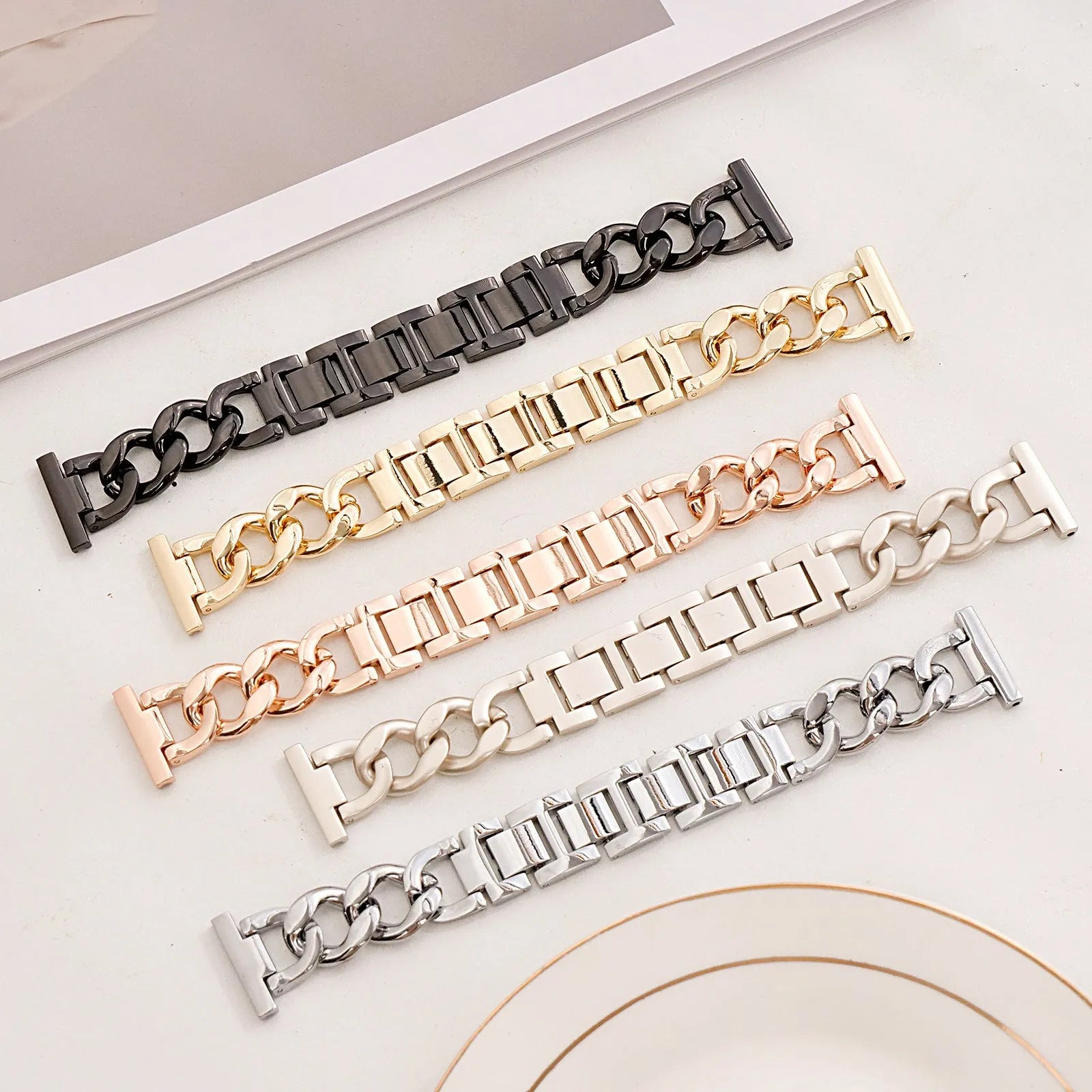 Metal denim chain link Apple watch strap in silver, black, gold, rose gold and Starlight colours