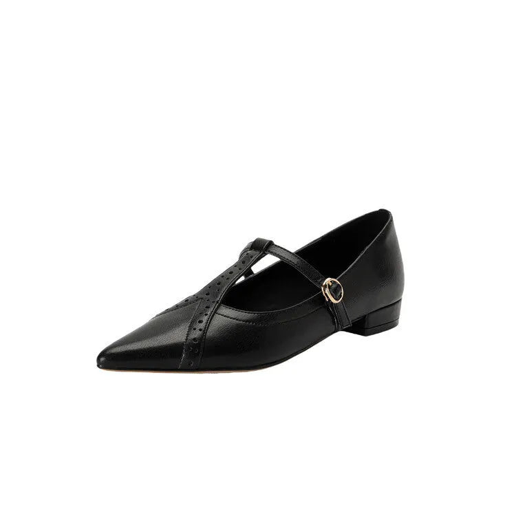 Brown women's pointed toe flat shoes with cowhide leather upper and metal detail