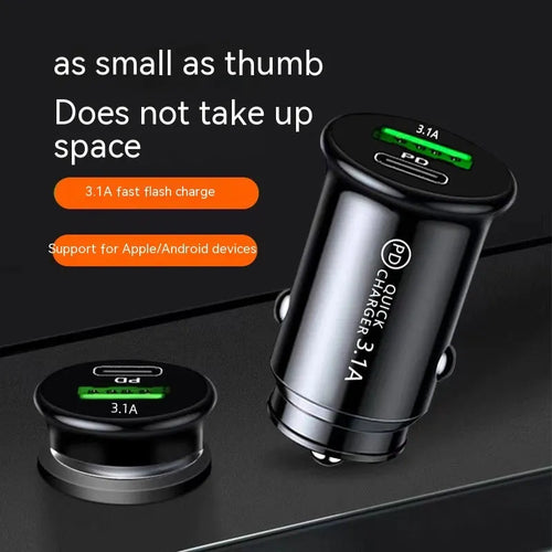 Dual port car charger converter in black or white bare metal with USB charging ports