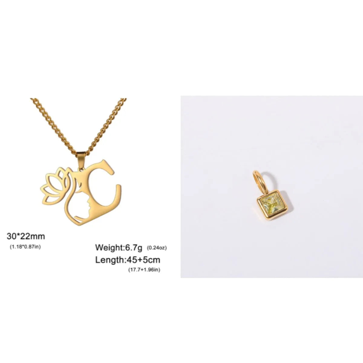 Stainless steel necklace with cross chain and a single letter pendant in gold or silver finish.