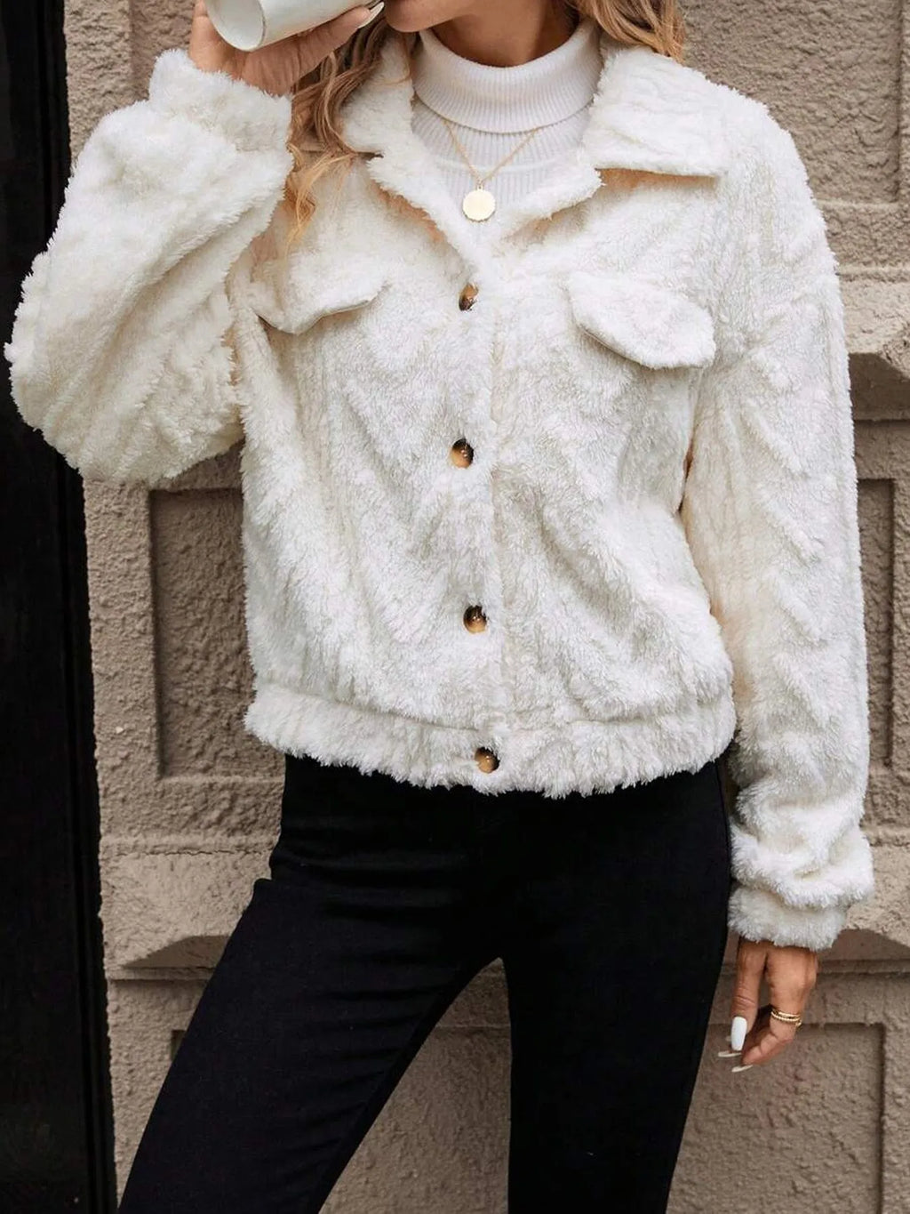 Ivory white women's plush button cardigan coat with regular long sleeves