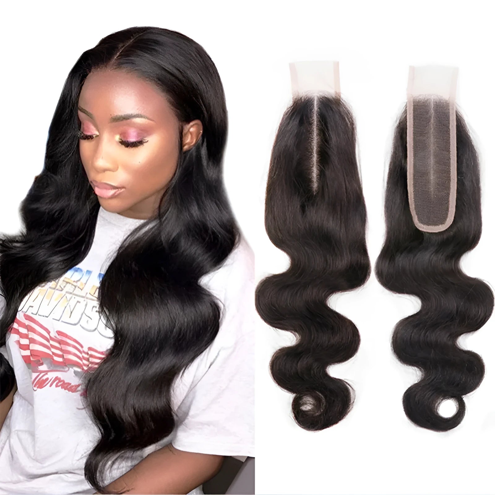 Straight natural colour human hair wig on a stand, showing hand-woven cap and long length.