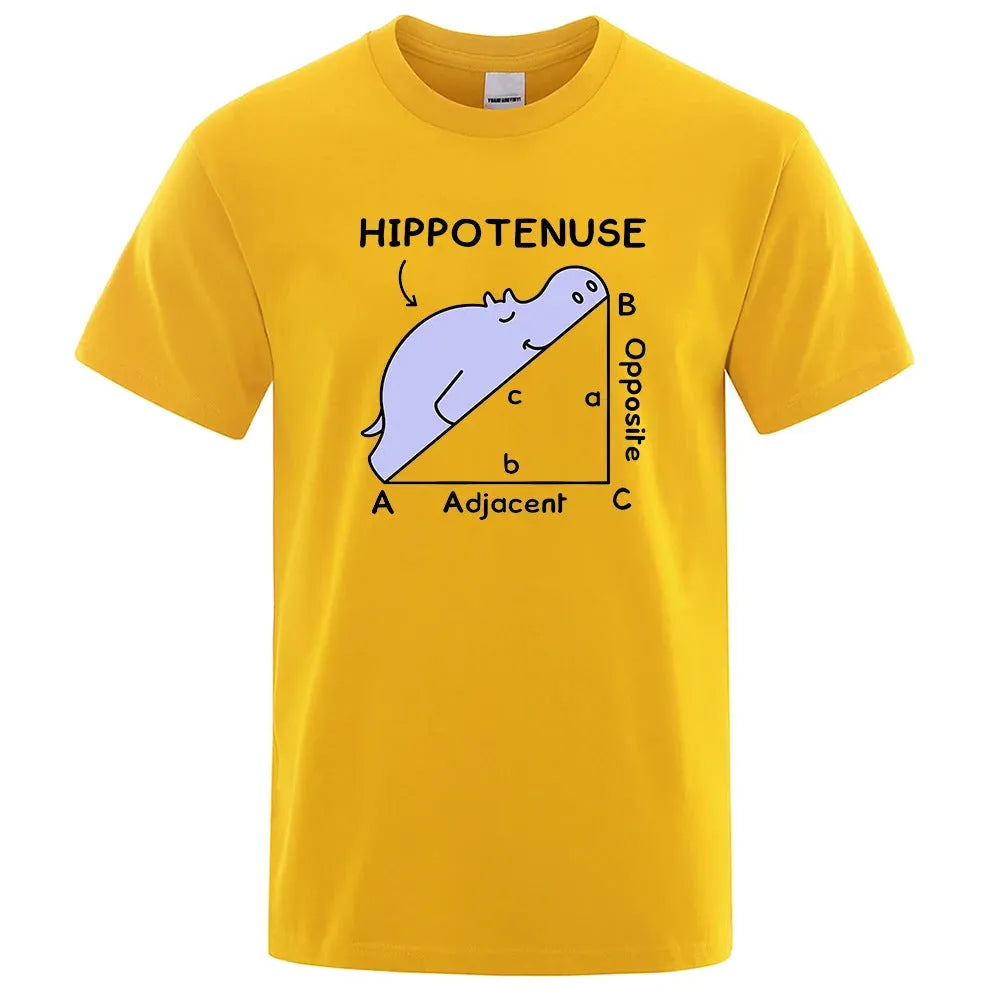 Funny Hippotenuse Opposite Adjacent mathematics print on a loose-fit cotton t-shirt.