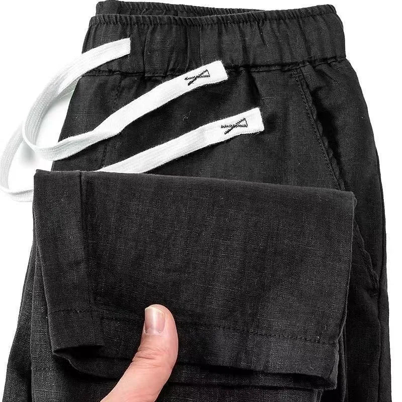 Pure linen Chinese style elastic waist trousers in straight leg design available in multiple colours