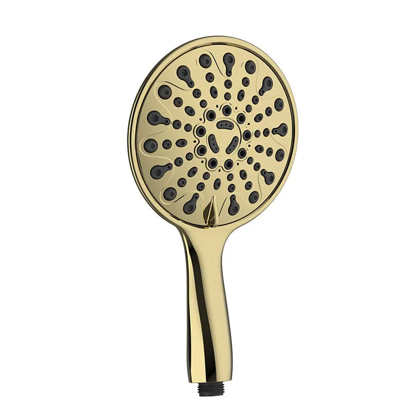Silver electroplated handheld shower head with six functions including massage and rain settings.