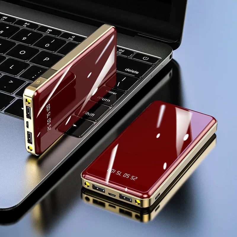 Mirror digital display power bank showing battery percentage, in choice of colours including black, blue, green, grey, and red.