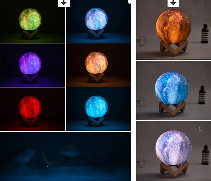 3D printed spherical moon night light with textured surface, shown with remote control.