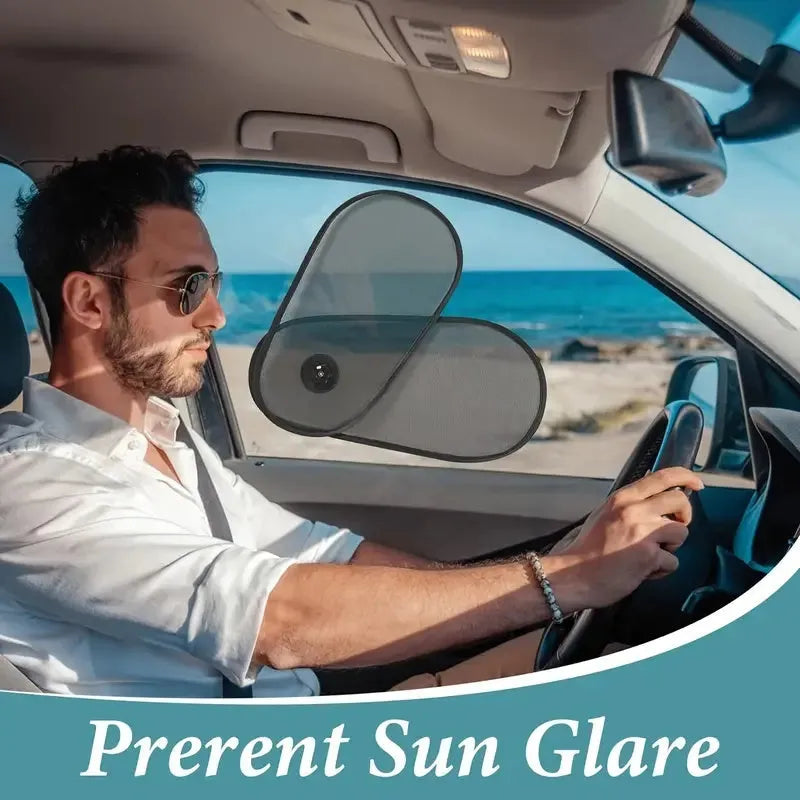 Black adjustable car side window sunshade with suction cups stretched across vehicle window