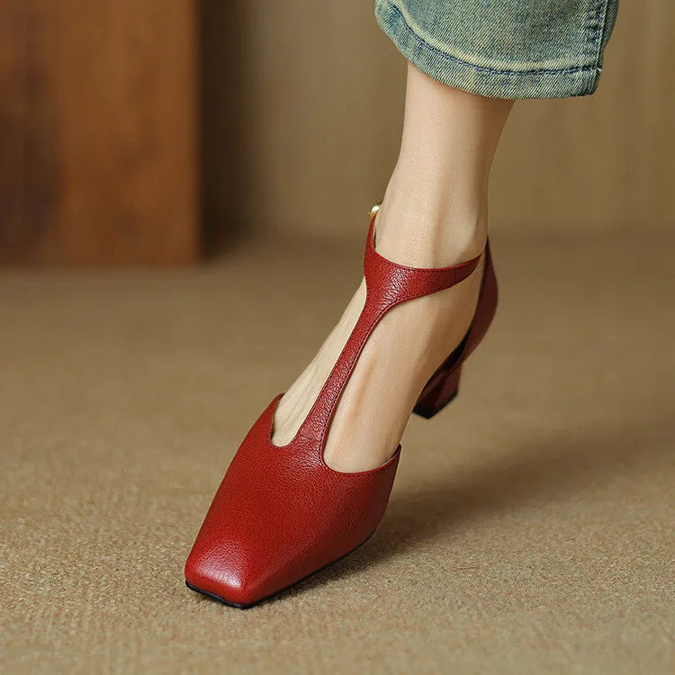 French retro square toe chunky heel shoes in wine red sheepskin leather with buckle fastening
