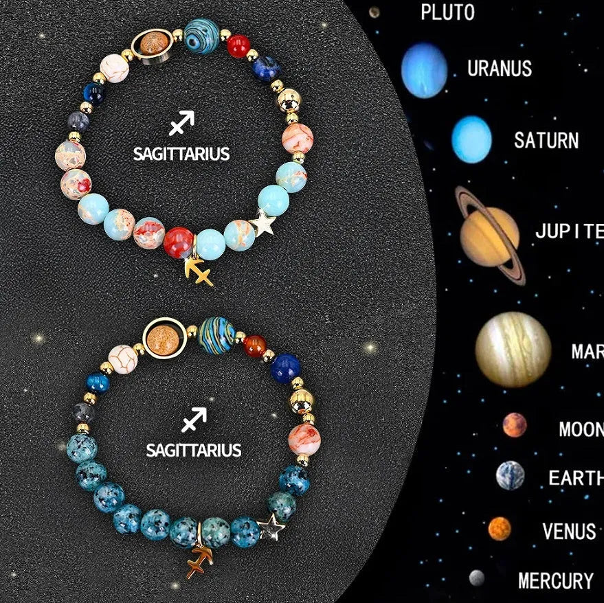 Set of two natural stone beaded bracelets for zodiac signs on a dark background.