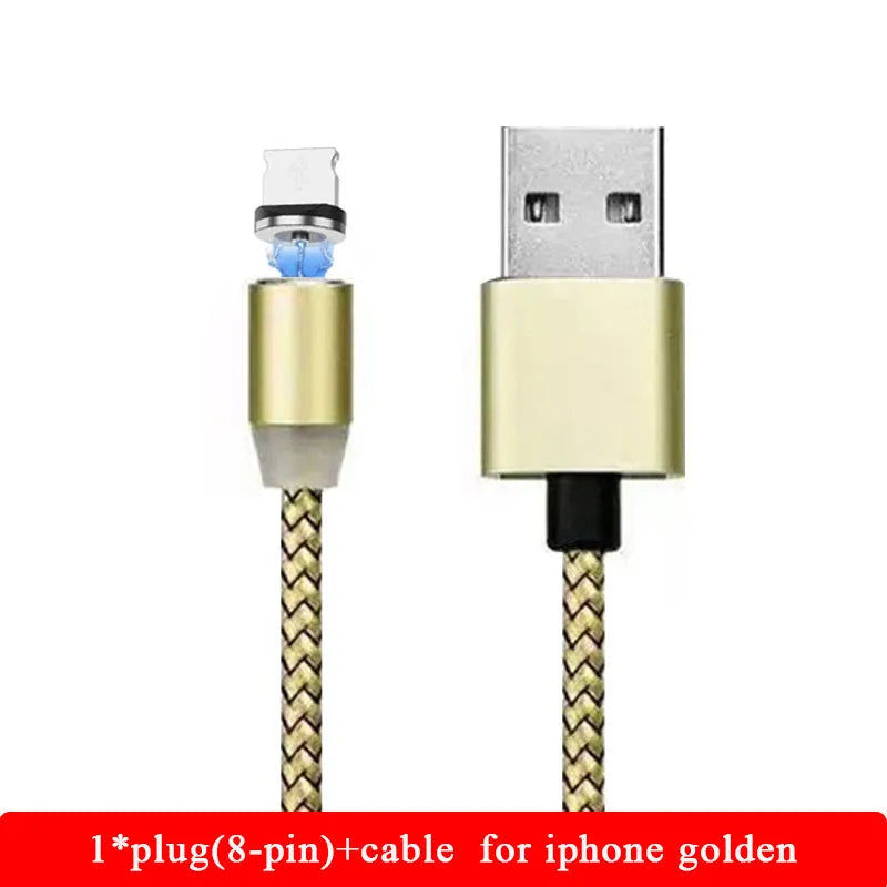 Black magnetic charging cable with LED light and aluminium connectors showing magnetic tip attachment