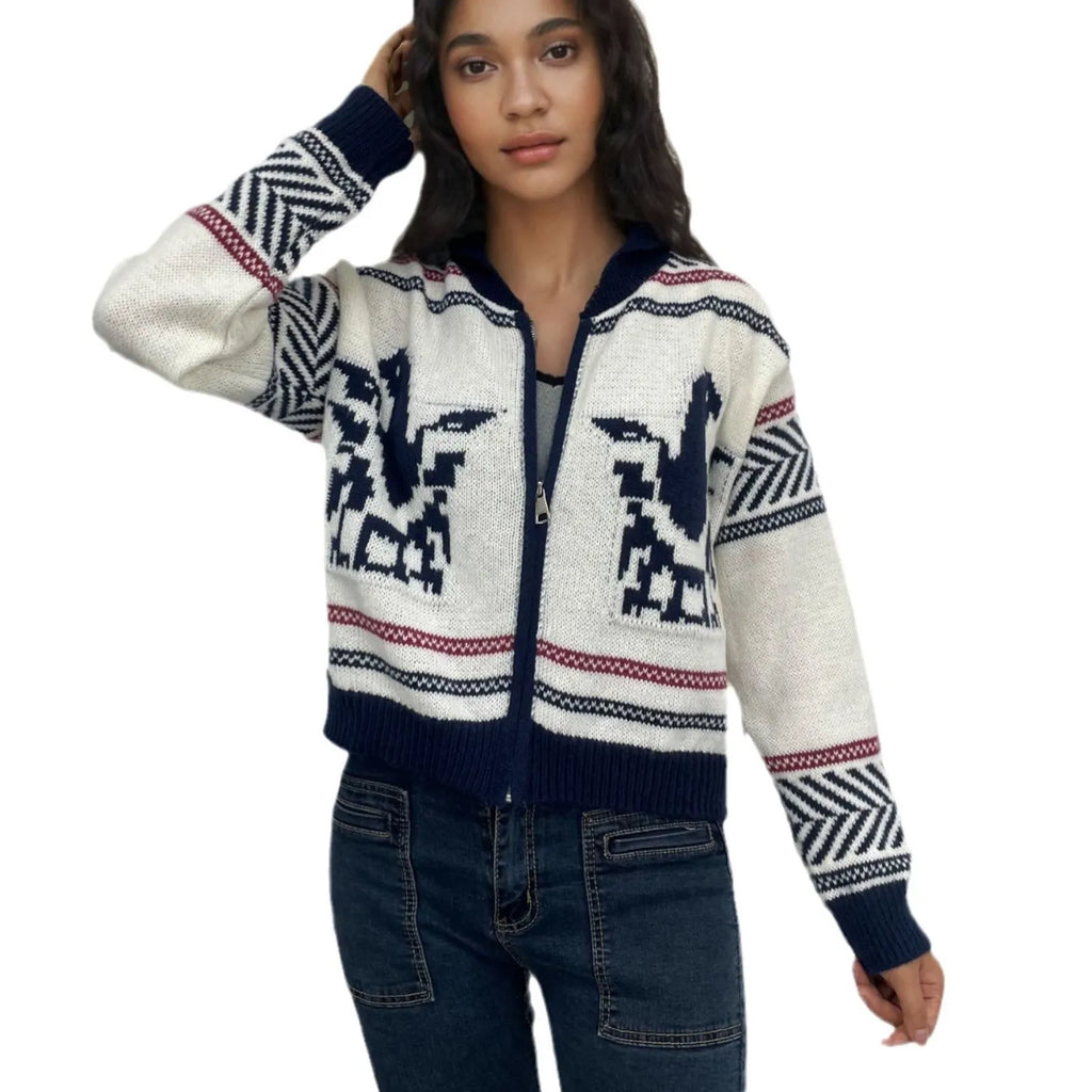 White women's zip cardigan with contrasting jacquard stripe pattern and a lapel collar.