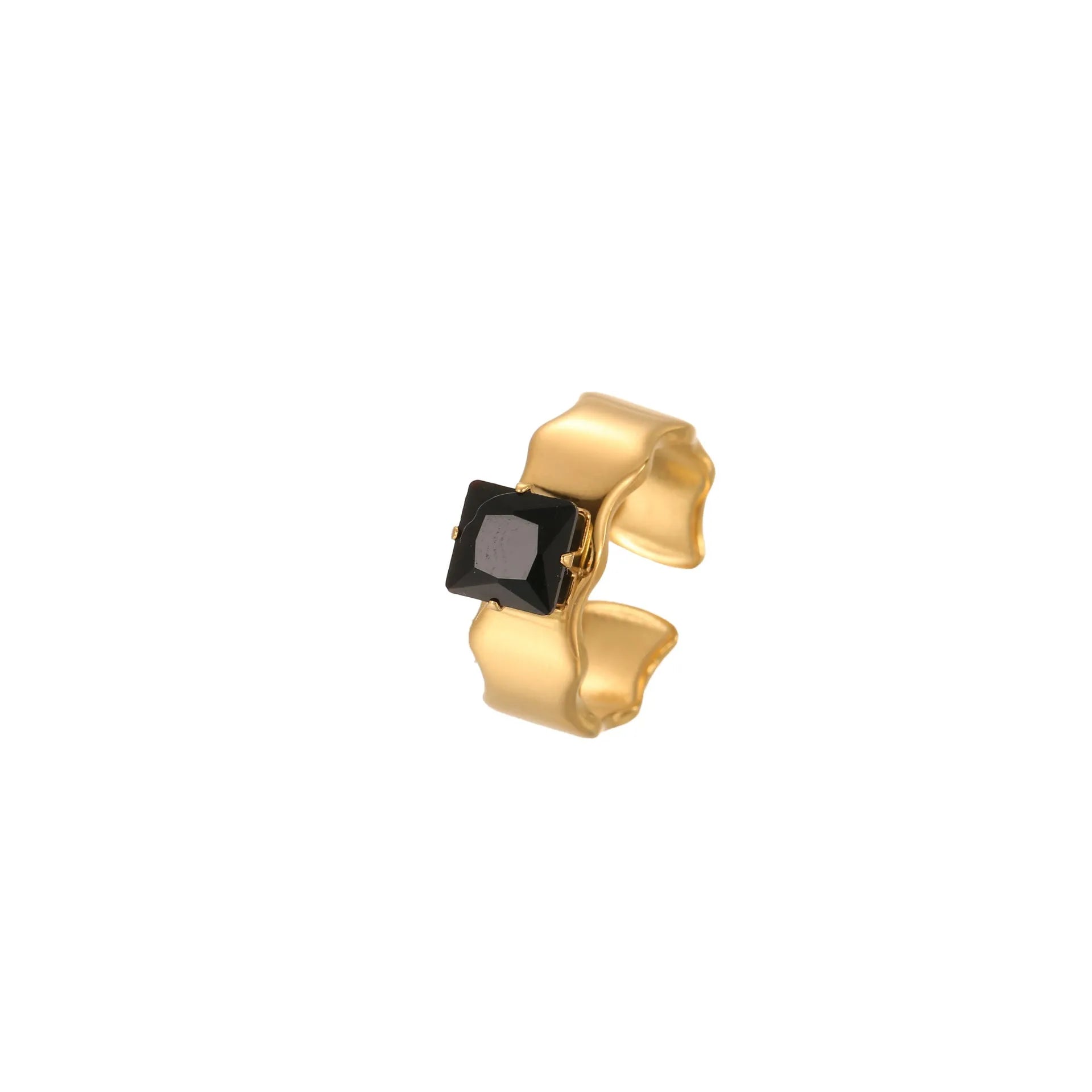 Geometric open mouth titanium steel ring for women on a plain background.