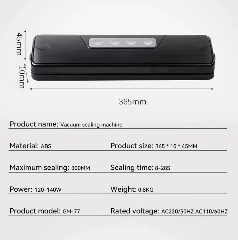 Black automatic vacuum sealer machine for household food preservation and storage bag sealing