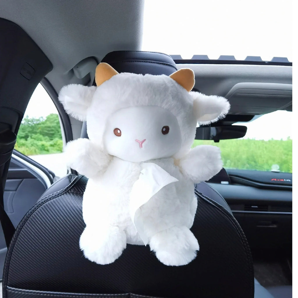 Plush cartoon lamb car tissue box holder for vehicle or home decoration
