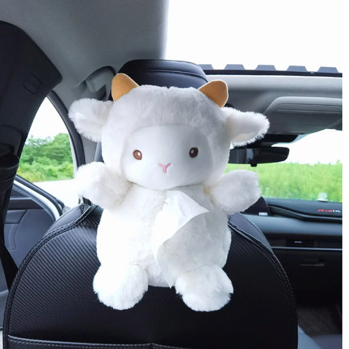 Plush cartoon lamb car tissue box holder for vehicle or home decoration
