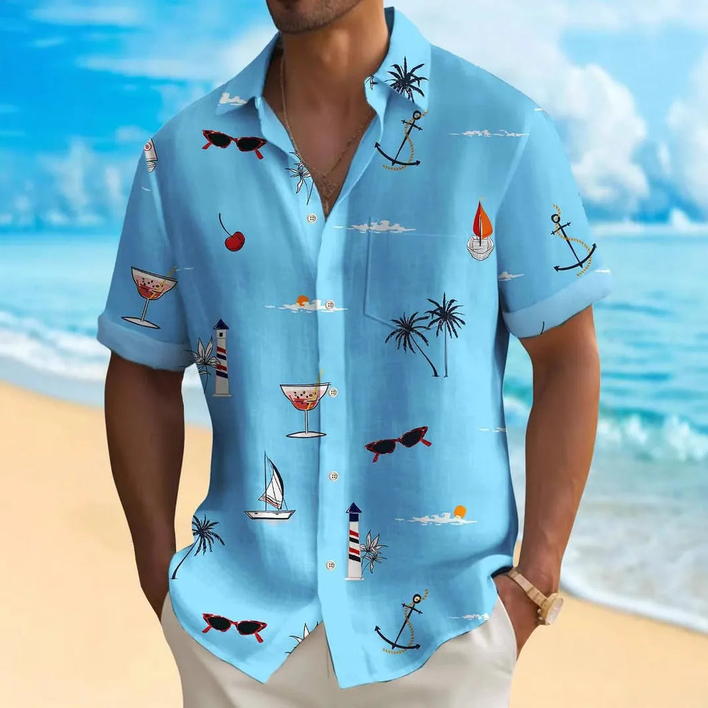 Men's loose fit Hawaiian shirt with digital print pattern and short sleeves