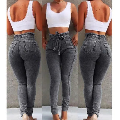 Women's fringed jeans in cowboy fabric, shown in grey, dark blue, and light blue colour options.