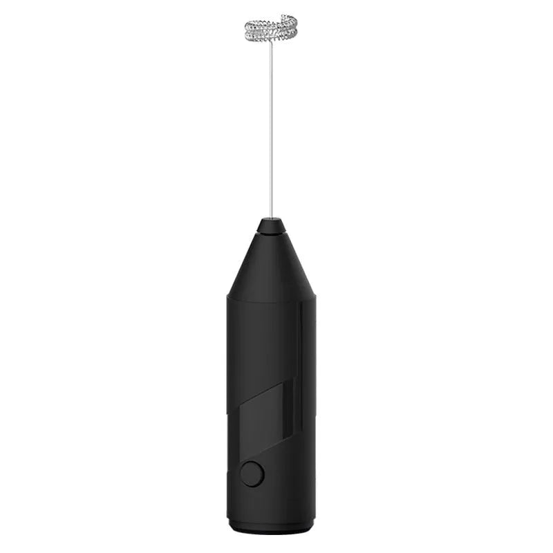 Mini handheld electric milk frother in black, white, or khaki colour with stainless steel whisk and USB port.