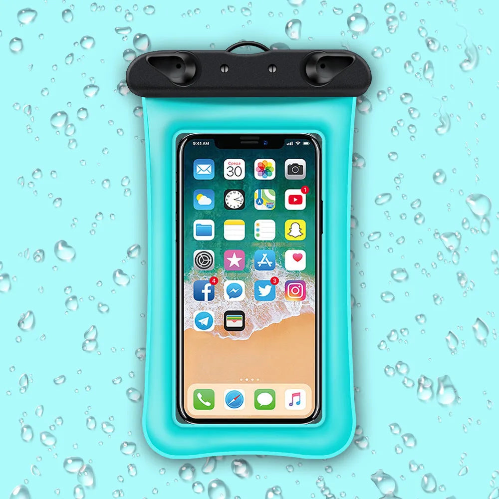 Orange waterproof phone pouch with double airbag design and a black lanyard.