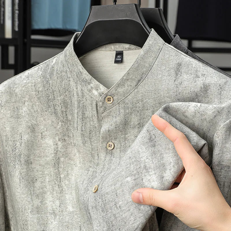 Men's loose fit short sleeve linen cardigan shirt with stand collar in black grey colour