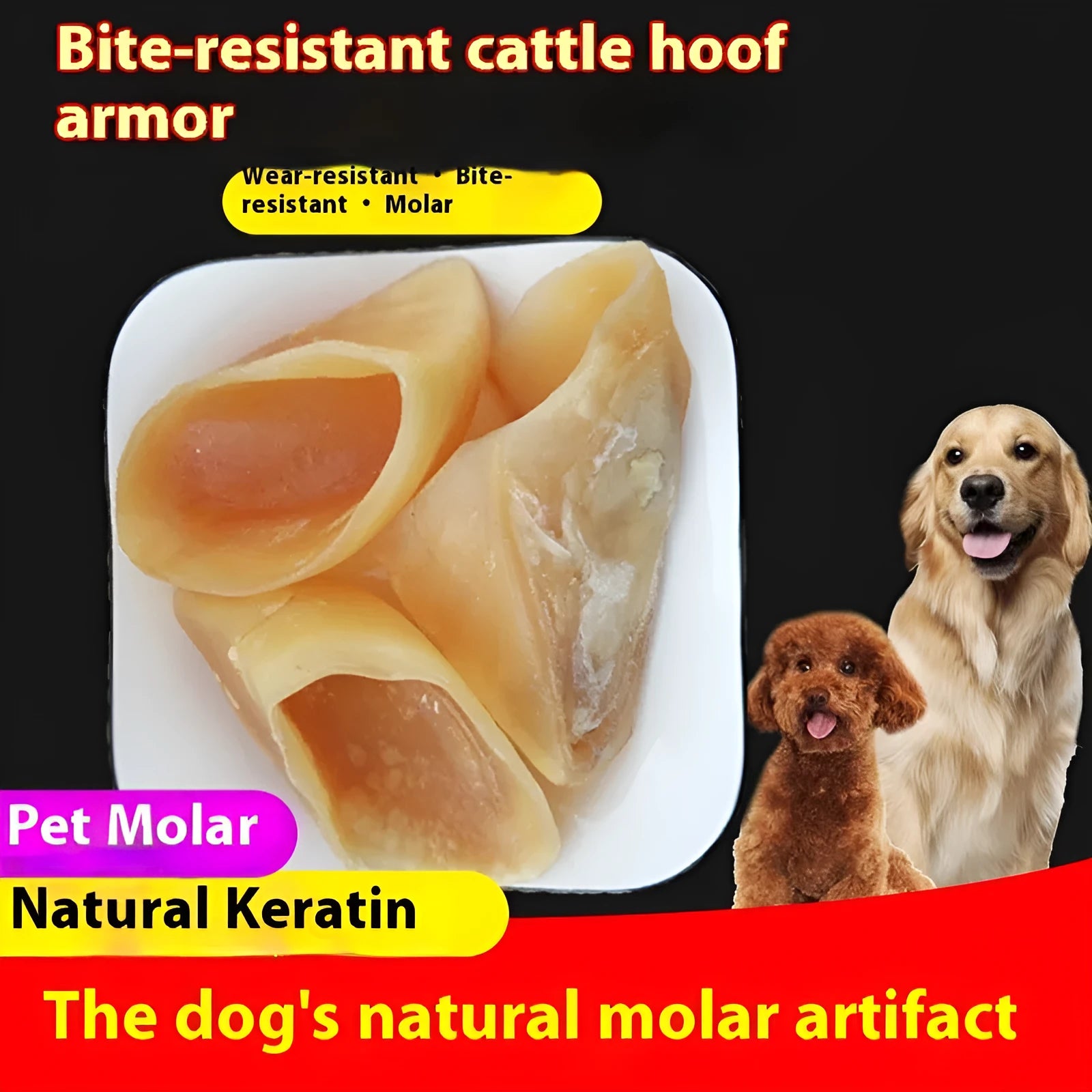 Natural cowhide dog chew toy in hoof shell colour, shown in small and large sizes for dental health.