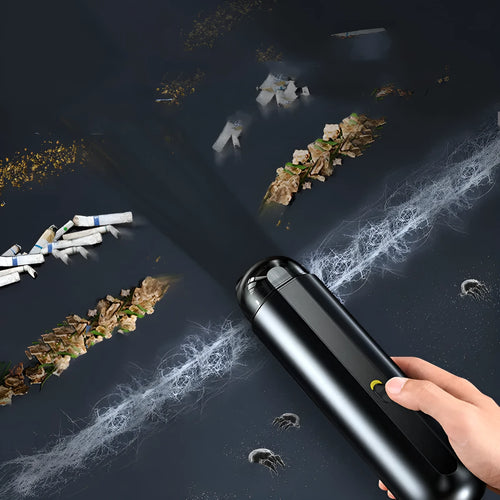 BASEUS black handheld car vacuum cleaner with hose on a car seat.