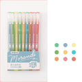 Set of nine retro gel pens with 0.5mm needle tips in plastic casing arranged by colour series