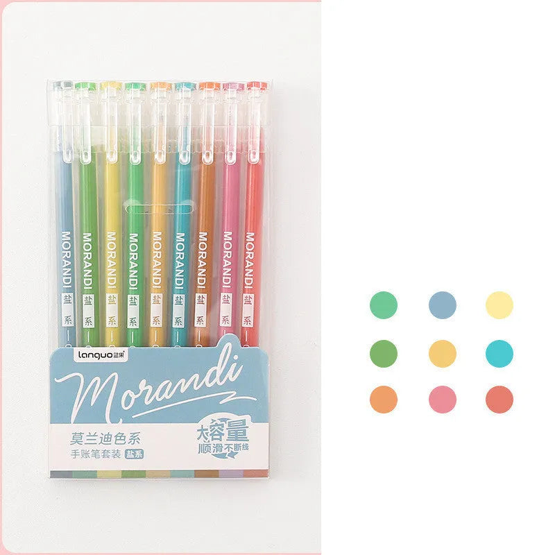 Set of nine retro gel pens with 0.5mm needle tips in plastic casing arranged by colour series